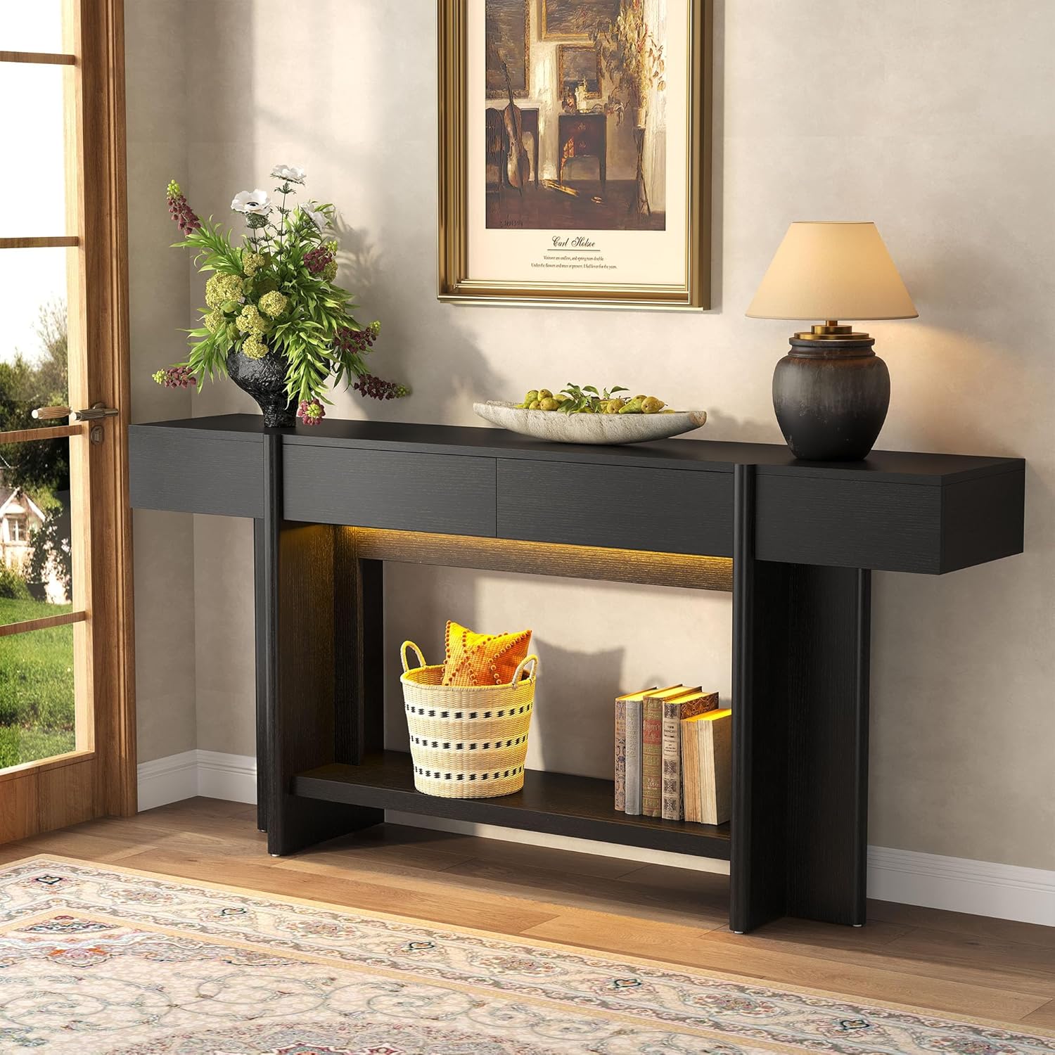 Einhomn 70.8" Long Console Table, 2 Drawer Entryway Table with Colorful LED Lights, Farmhouse Entry Way Table with Open Storage, Narrow Long Sofa Table for Entrance, Living Room, Hallway, Black