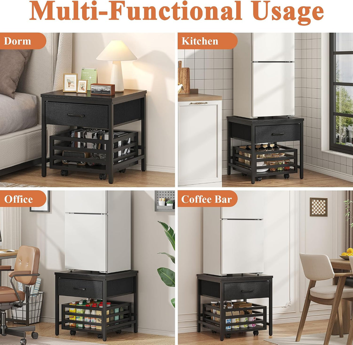 Saudism Mini Fridge Stand with Movable Storage Basket | Mini Fridge Cabinet with Storage Drawer,Sturdy Metal Frame,Great for Dorm Home Office, Full Black