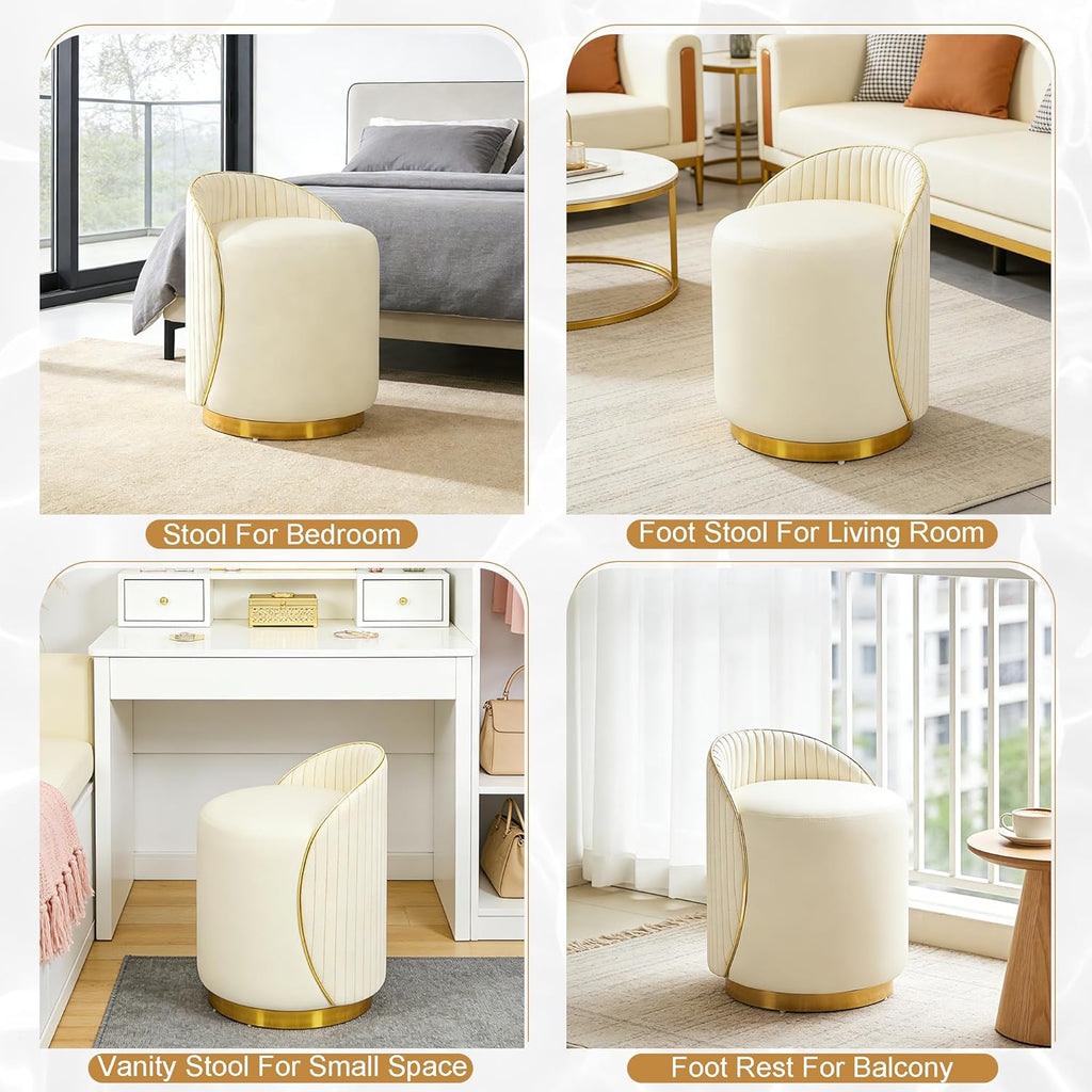 Vanity Stool with Back, 360° Swivel Round Makeup Vanity Chair, Foot Stools Ottoman Faux Fur, Upholstered Multifunctional Accent Stool for Makeup, Bedroom, Living Room, Cream