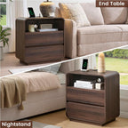 Standifurno Modern Nightstand Set of 2, 23.2" Wide Wood Bedside Table with Charging Station, 2 Storage Drawers Side Table Curved Profile, Handleless, Large End Table Night Stand for Bedroom, Walnut