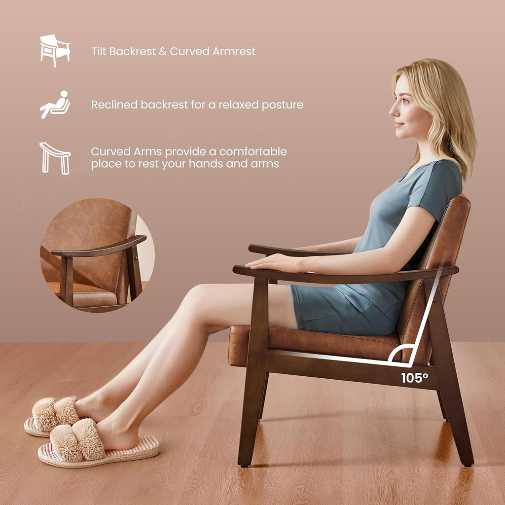 Yaheetech Accent Chair, Mid-Century Armchair with High Back Brown | Faux Leather Chair with Solid Wood Legs, Cozy Reading Leisure Chair for Living Room, Bedroom, Waiting Room