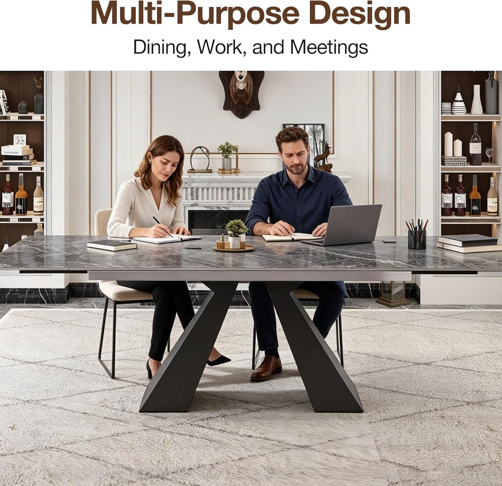 Telescoping Faux Marble Table 63-94.49" Adjustable Length 8-10 People Heavy Duty Carbon Steel Base for Kitchen Dining Room Family Party (62.99''-94.48'' Bonnes)