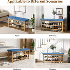 2 Tier Shoe Rack Bench with Cushion, Rubberwood Shoe Benches, Mid-Century Modern Shoe Storage Bench for Entryway, Hallway, Living Room, Closet, Front Door Entrance, Blue