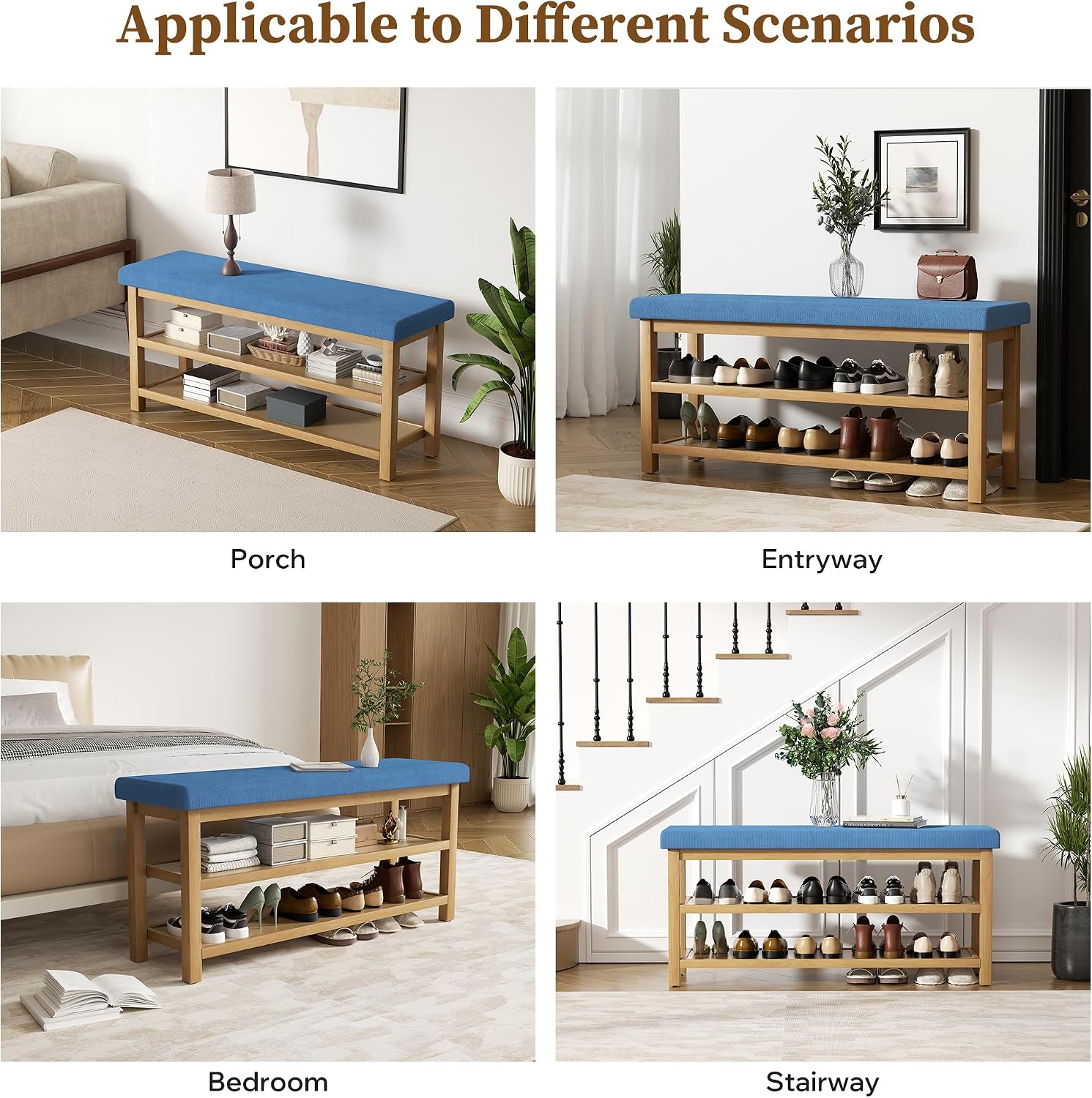 2 Tier Shoe Rack Bench with Cushion, Rubberwood Shoe Benches, Mid-Century Modern Shoe Storage Bench for Entryway, Hallway, Living Room, Closet, Front Door Entrance, Blue