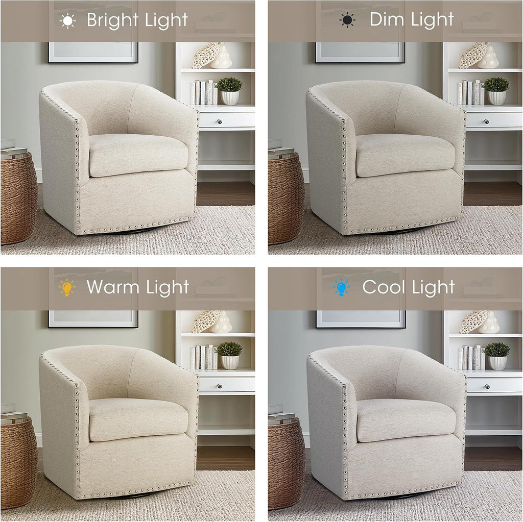 Madison Park Swivel Barrel Accent Chair, Upholstered Curved Back with 7-Inch Thick Woven Cushion, 360° Swivel, Nailhead Trim, Comfy Chair for Living Room, Bedroom, Office, 28" Wide, Neutral, Tyler