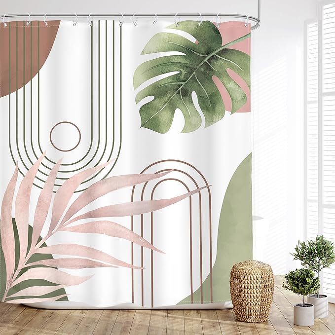 Glawry Abstract Tropical Shower Curtain Extra Long Chic Boho Plant Palm Leaf Watercolor Pink Green Simple Minimalist Bathroom Modern 72Wx84L Inches Bath Accessories Art Home Decor Fabric 12 Pack Hooks
