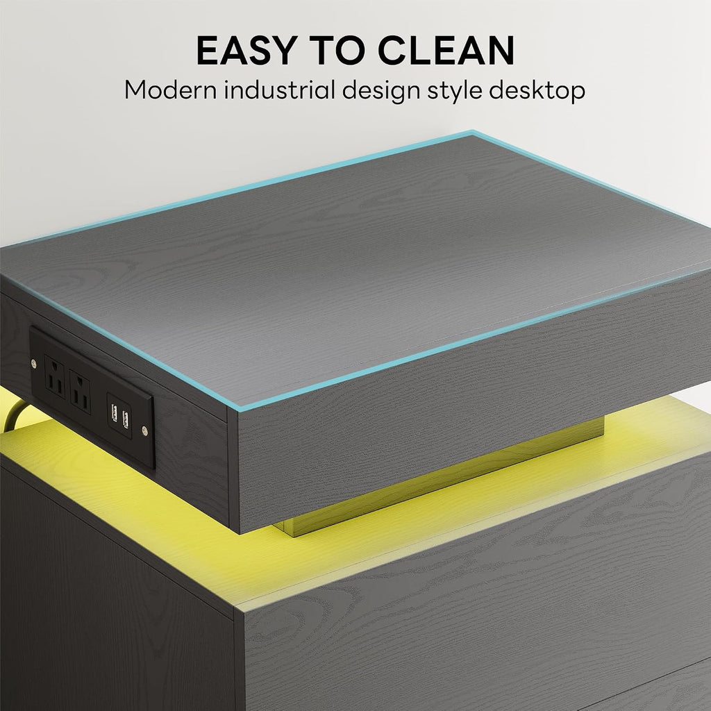 LIKIMIO Nightstand with Charging Station LED Light and 2 Drawers Grey | charging station; LED light; 2 smooth glide drawers; 13.8 D x 18.9 W x 23.6 H in; Grey wood grain