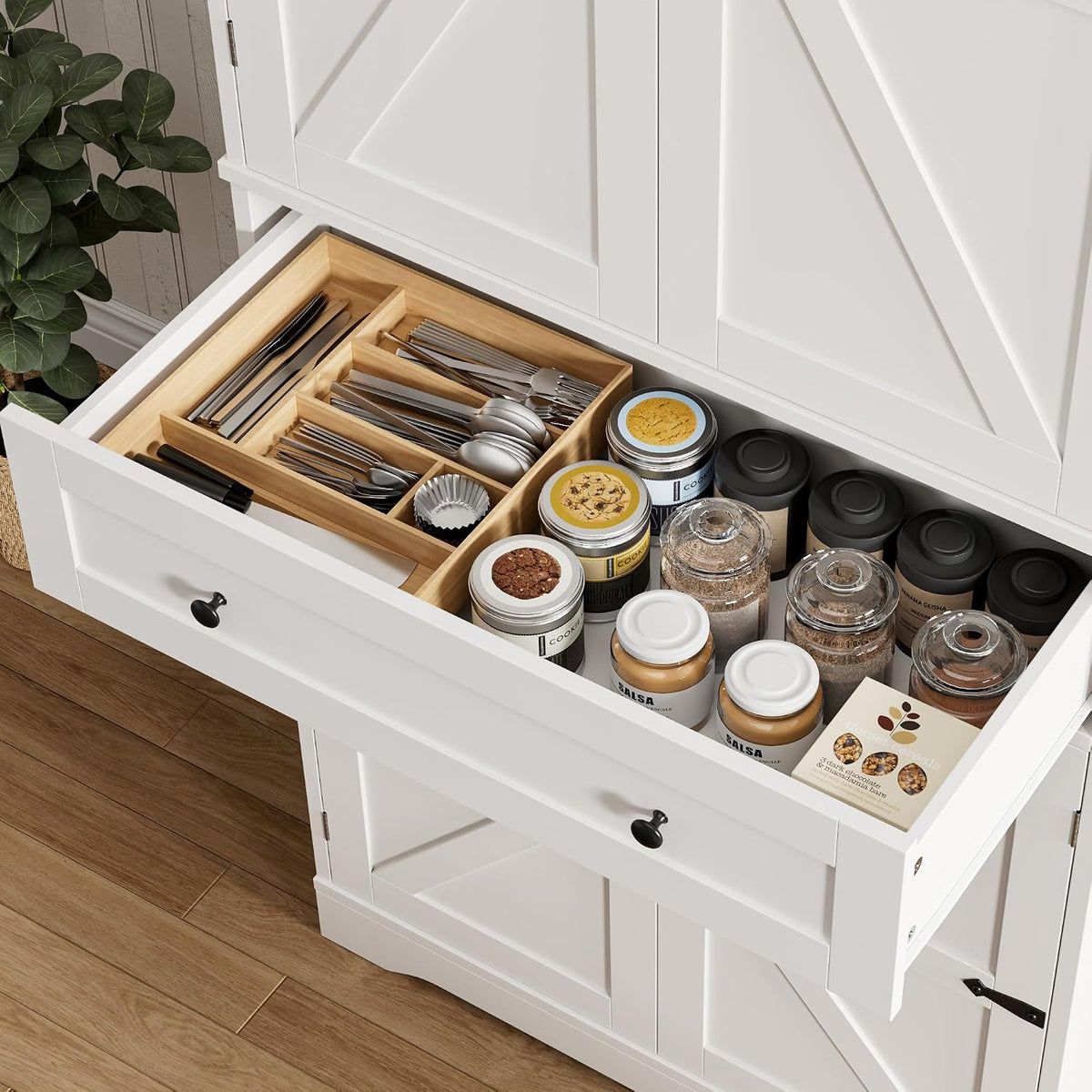 HOSTACK 71" Kitchen Pantry Storage Cabinet, Farmhouse Pantry Cabinet, White | Tall Kitchen Storage Cabinet with Wide Drawer, Freestanding Food Pantry with Doors & Shelves for Dining Room, Living Room