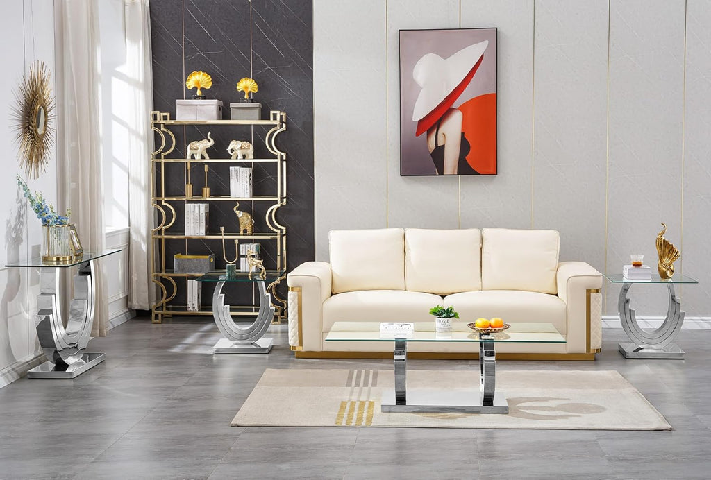 Luxury Glass End Table, 22.8" Sofa Side Table with Silver Ring-Shape Stainless Steel Frame and Clear Glass Top, Cocktail Tea Table, Modern Square End Table for Home Office
