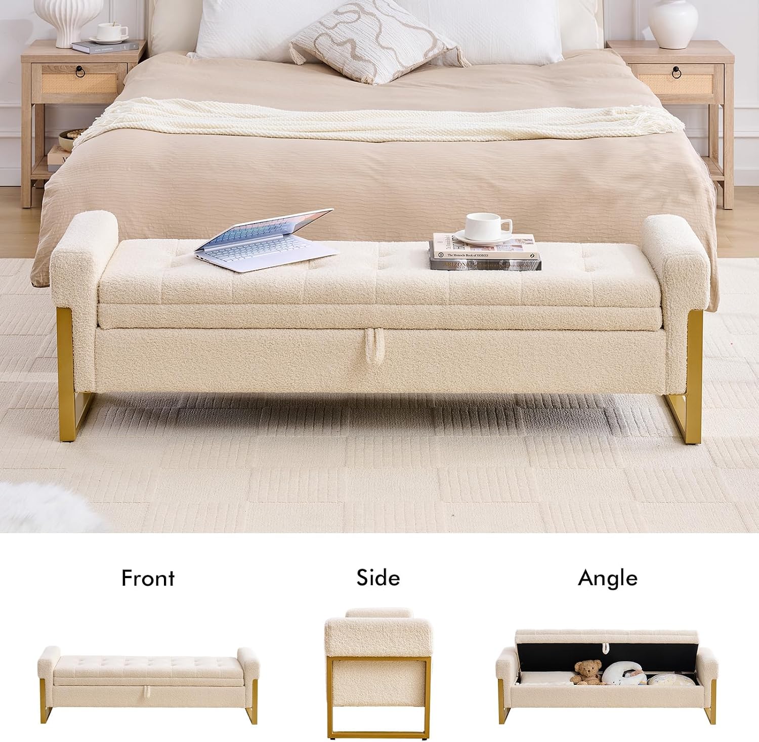 67" End of Bed Storage Bench King Size, Bench for Bedroom Foot of Bed, Upholstered Teddy Storage Ottoman with Gold Legs for Window Living Room, Teddy Beige