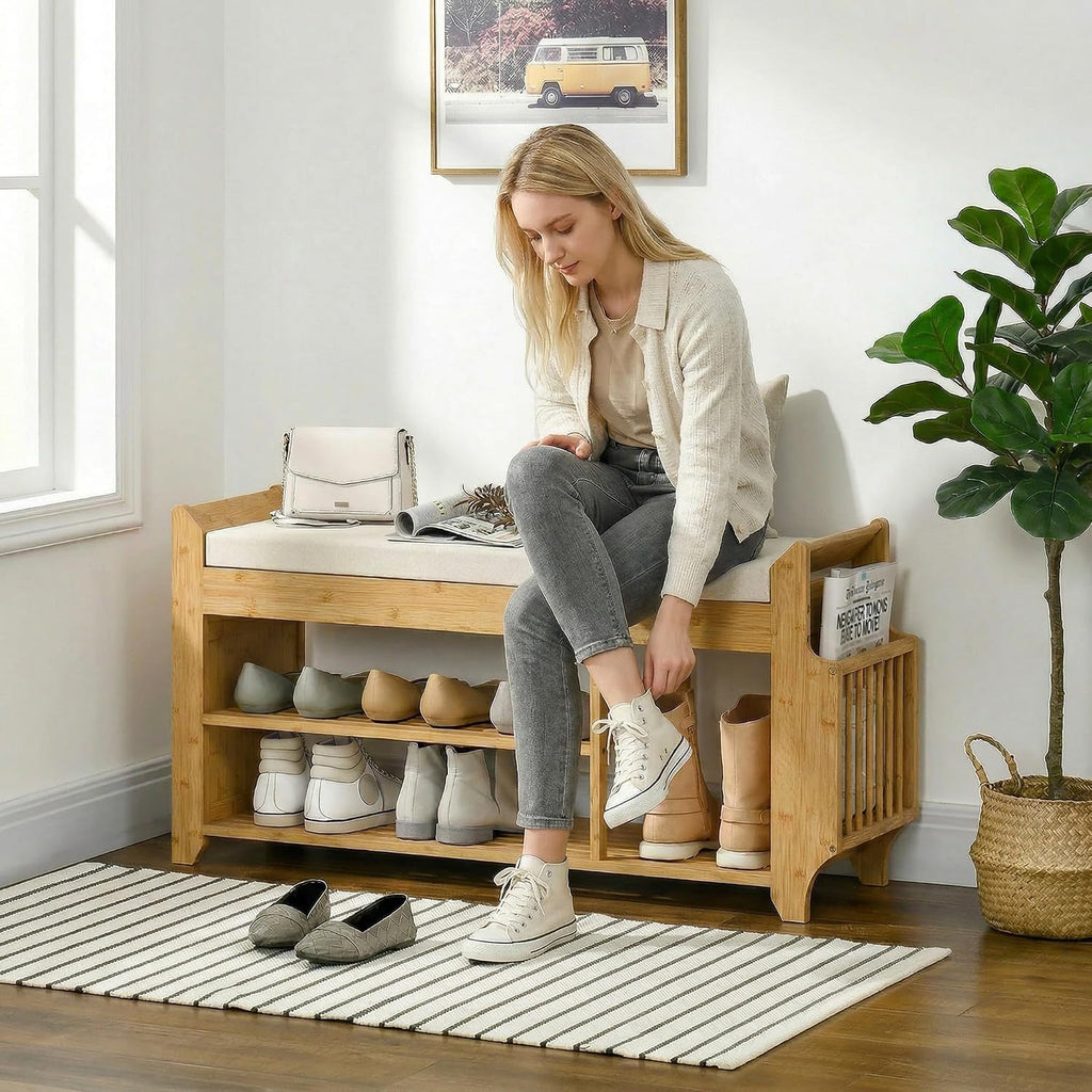 HOMCOM Shoe Bench with Cushioned Seat, 2-Tier Entryway Bench with Side Umbrella Holder, 39.4" in Natural Bamboo Shoe Rack for Hallway, Living Room, Natural and Cream