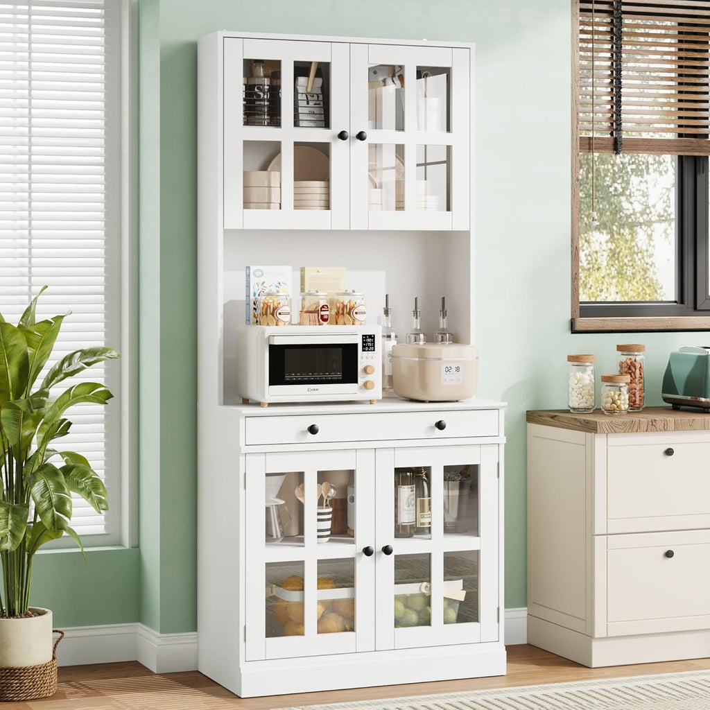 Garvee 72 Inch Kitchen Pantry Cabinet with Glass Doors, Drawer and Adjustable Shelves, Farmhouse Tall Storage Cabinet with Open Countertop, Coffee Bar Cabinet for Coffee Corner, White | Adjustable Shelves, Open Countertop, Perfect as Coffee Bar Cabinet