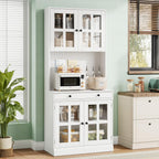 Garvee 72 Inch Kitchen Pantry Cabinet with Glass Doors, Drawer and Adjustable Shelves, Farmhouse Tall Storage Cabinet with Open Countertop, Coffee Bar Cabinet for Coffee Corner, White | Adjustable Shelves, Open Countertop, Perfect as Coffee Bar Cabinet