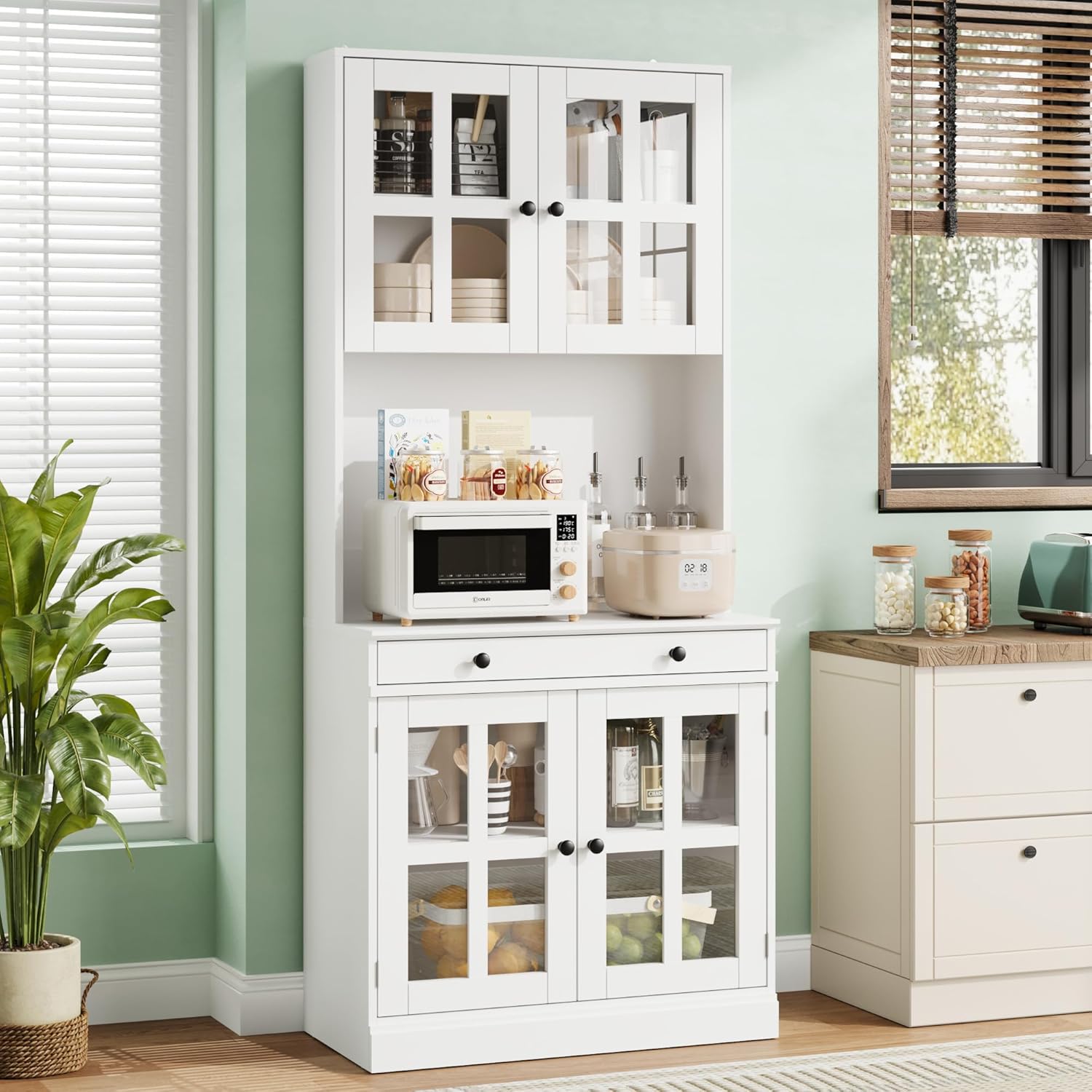 Garvee 72 Inch Kitchen Pantry Cabinet with Glass Doors, Drawer and Adjustable Shelves, Farmhouse Tall Storage Cabinet with Open Countertop, Coffee Bar Cabinet for Coffee Corner, White | Adjustable Shelves, Open Countertop, Perfect as Coffee Bar Cabinet