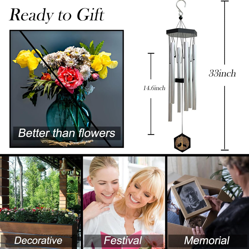 33" Tree of Life Memorial Wind Chimes | Elegant Silver Sympathy Wind Chime for Loss of Loved One, Tranquil Deep-Tone Windchimes, Outdoor Hanging Garden Decor