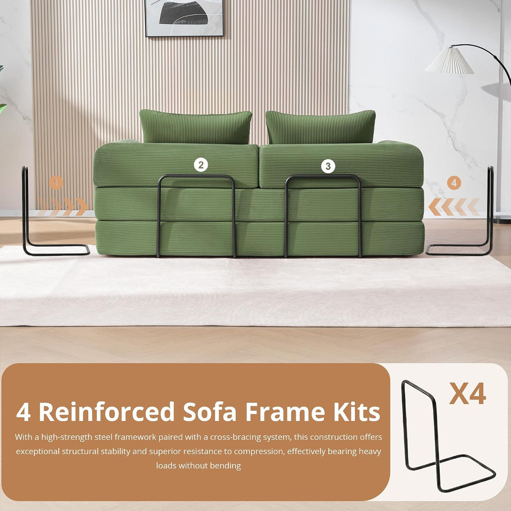 4-in-1 Folding Convertible Sofa Bed, 78 Inch Oversized Corduroy Loveseat Sleeper with Pull Out Bed, Futon Couch for Living Room Bedroom, No Assembly Needed, Olive Green