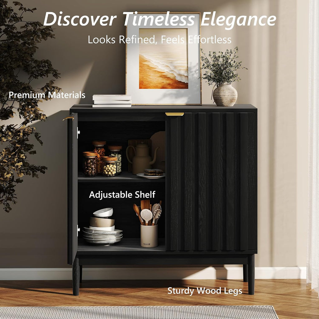 Fluted Cabinet with Storage, Buffet Cabinet Sideboard with 2 Doors, Black Buffet Storage Accent Cabinets with Adjustable Shelves for Living Room, Entry, Hallway, Kitchen