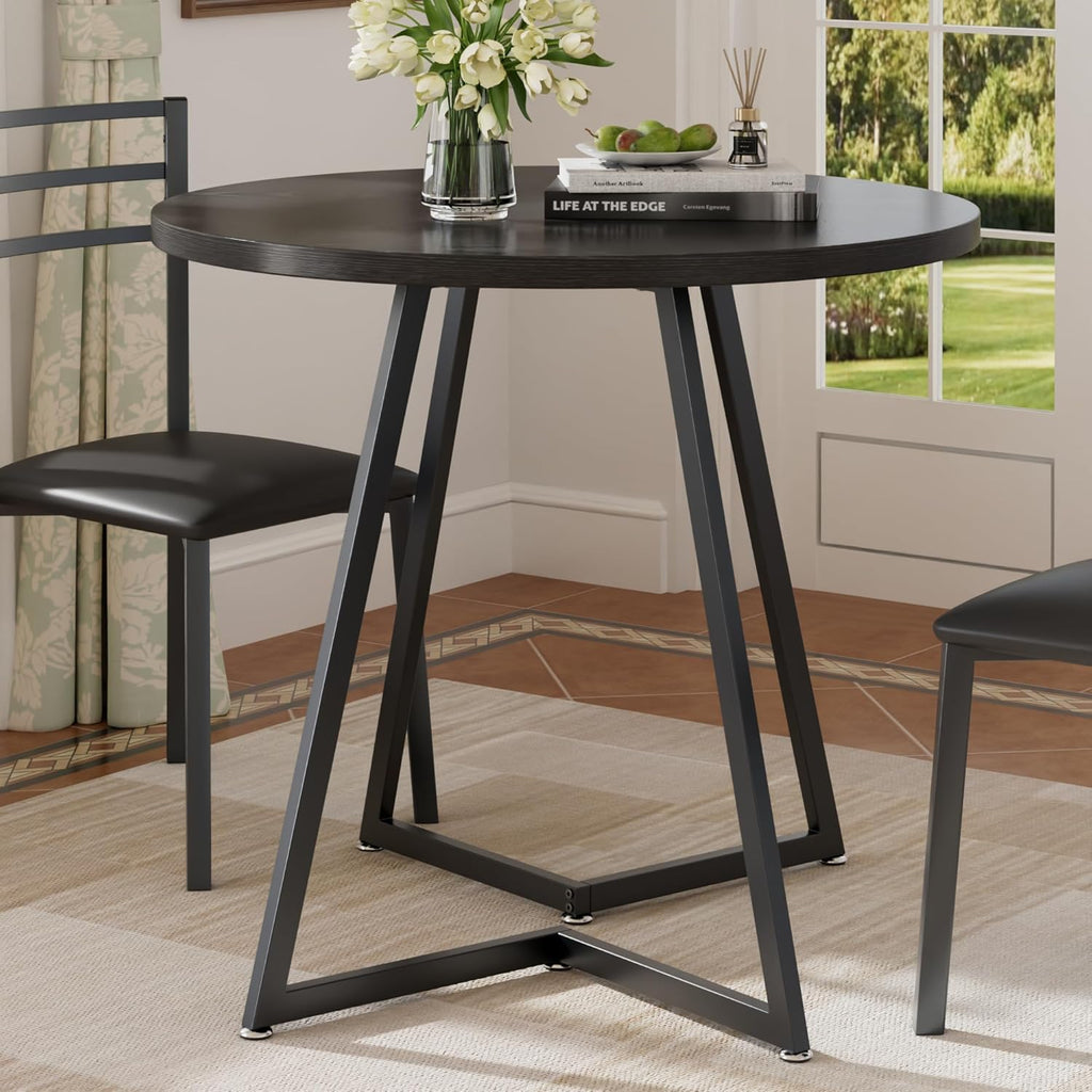 VECELO Round Dining Room Table with Wood Grain Tabletop and Steel Frame, for Kitchen, Living Room, Office, Conference, 2 to 4 Person, Black
