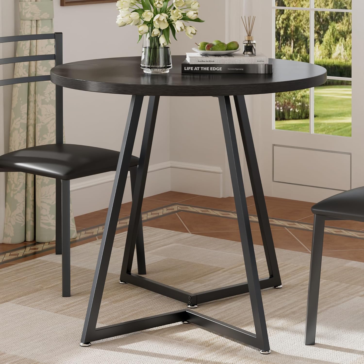 VECELO Round Dining Room Table with Wood Grain Tabletop and Steel Frame, for Kitchen, Living Room, Office, Conference, 2 to 4 Person, Black