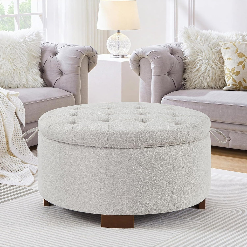 30'' Round Ottoman with Storage, Oversized Ottoman Coffee Table with Reversible Lid and Wooden Legs, Boucle Upholstered Tufted Footstool, Dual-Purpose Seat & Table for Living Room Bedroom, Beige