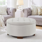 30'' Round Ottoman with Storage, Oversized Ottoman Coffee Table with Reversible Lid and Wooden Legs, Boucle Upholstered Tufted Footstool, Dual-Purpose Seat & Table for Living Room Bedroom, Beige