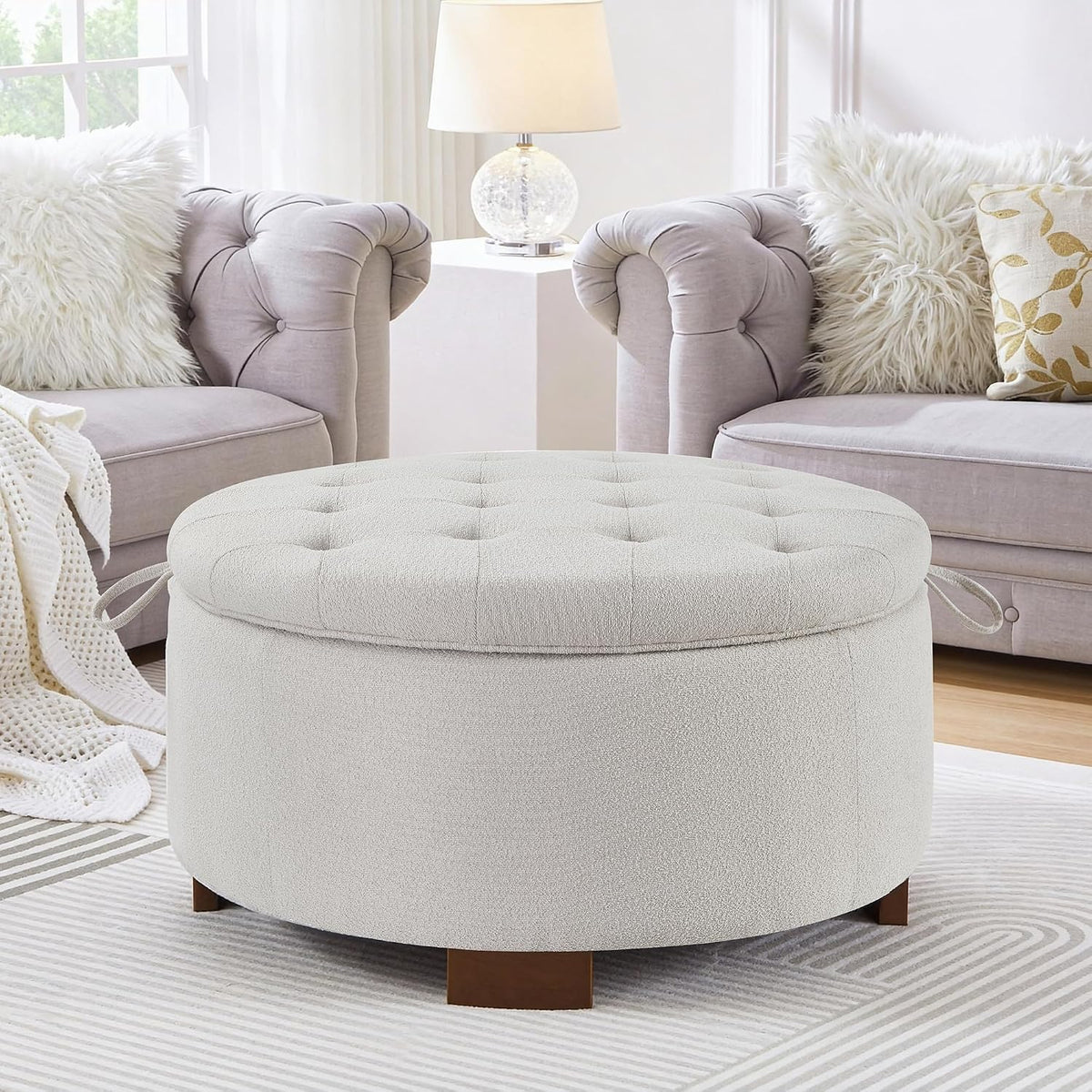 30'' Round Ottoman with Storage, Oversized Ottoman Coffee Table with Reversible Lid and Wooden Legs, Boucle Upholstered Tufted Footstool, Dual-Purpose Seat & Table for Living Room Bedroom, Beige