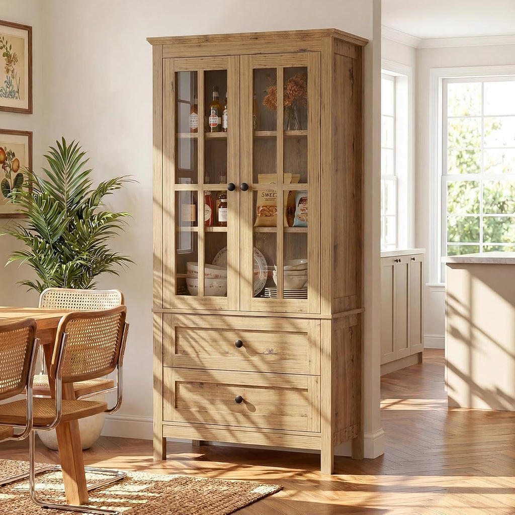 63" Tall Kitchen Pantry Cabinet Set of 2, Farmhouse Wood Storage Cabinet | Freestanding Kitchen Hutch Cupboard with 2 Drawers & Glass Doors & Adjustable Shelves for Dining Living Room (Yellow Oak)