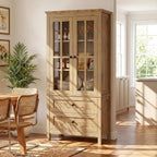 63" Tall Kitchen Pantry Cabinet Set of 2, Farmhouse Wood Storage Cabinet | Freestanding Kitchen Hutch Cupboard with 2 Drawers & Glass Doors & Adjustable Shelves for Dining Living Room (Yellow Oak)