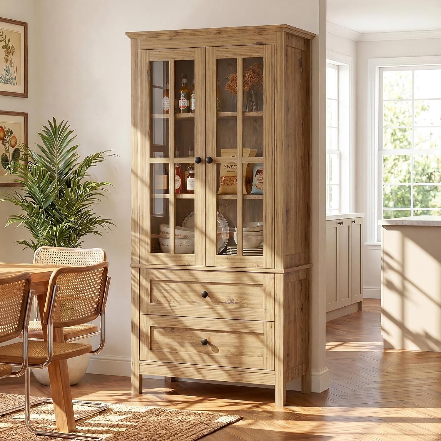 63" Tall Kitchen Pantry Cabinet Set of 2, Farmhouse Wood Storage Cabinet | Freestanding Kitchen Hutch Cupboard with 2 Drawers & Glass Doors & Adjustable Shelves for Dining Living Room (Yellow Oak)