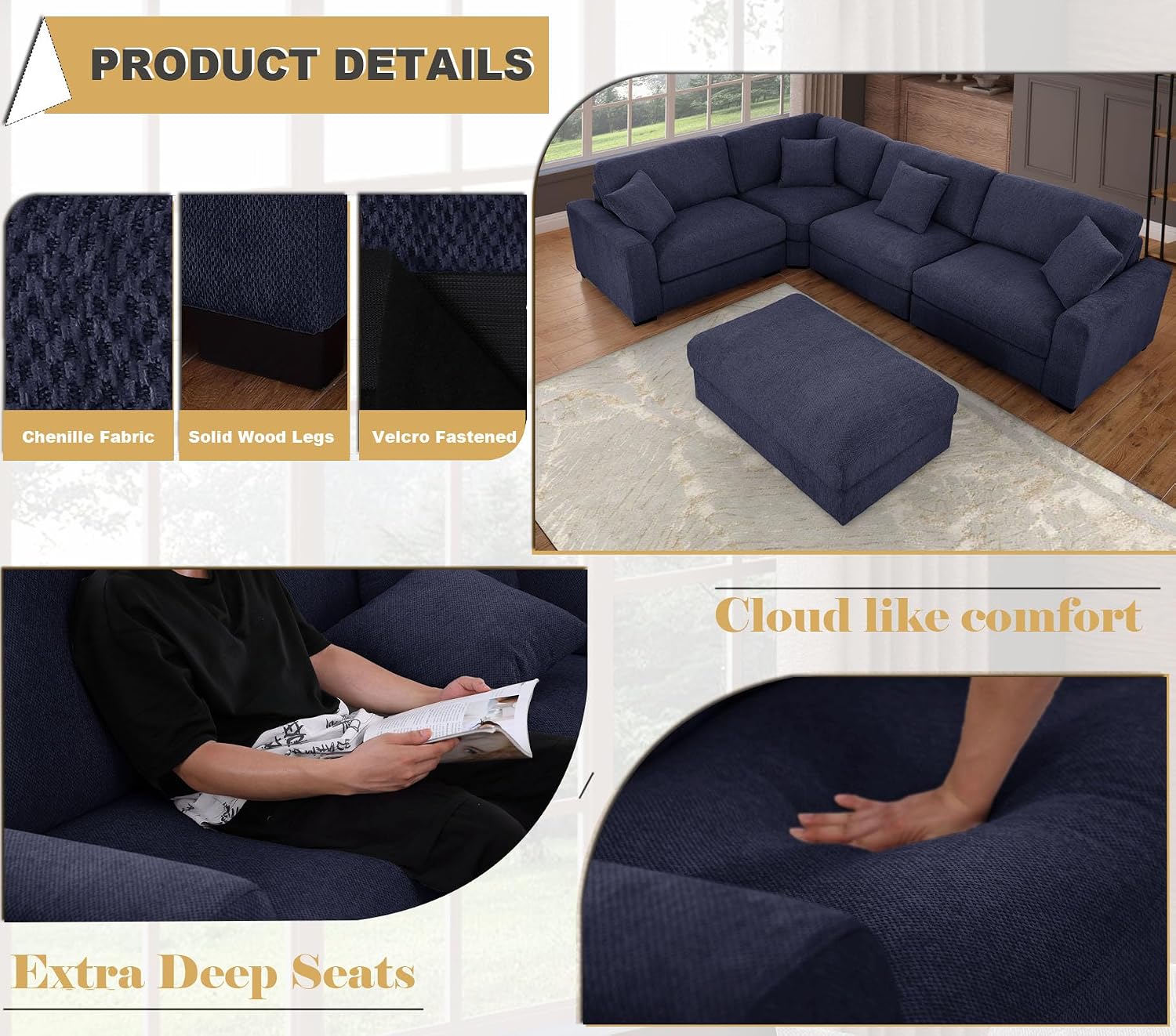 asunflower Ottoman for Living Room Navy Blue 45.8" x 28.7" Large Rectangle Ottoman Foot Rest Plush Chenille Upholstery Oversized Ottomans Bench with Wooden Legs for Sofa Couch
