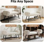 45" Upholstered Storage Shoe Bench, Velvet Fabric End of Bed Bench with Metal Shelf, Modern Bedroom Bench with Rolled Arms, Entryway Window Bench with Storage for Living Room, Hallway, Cream