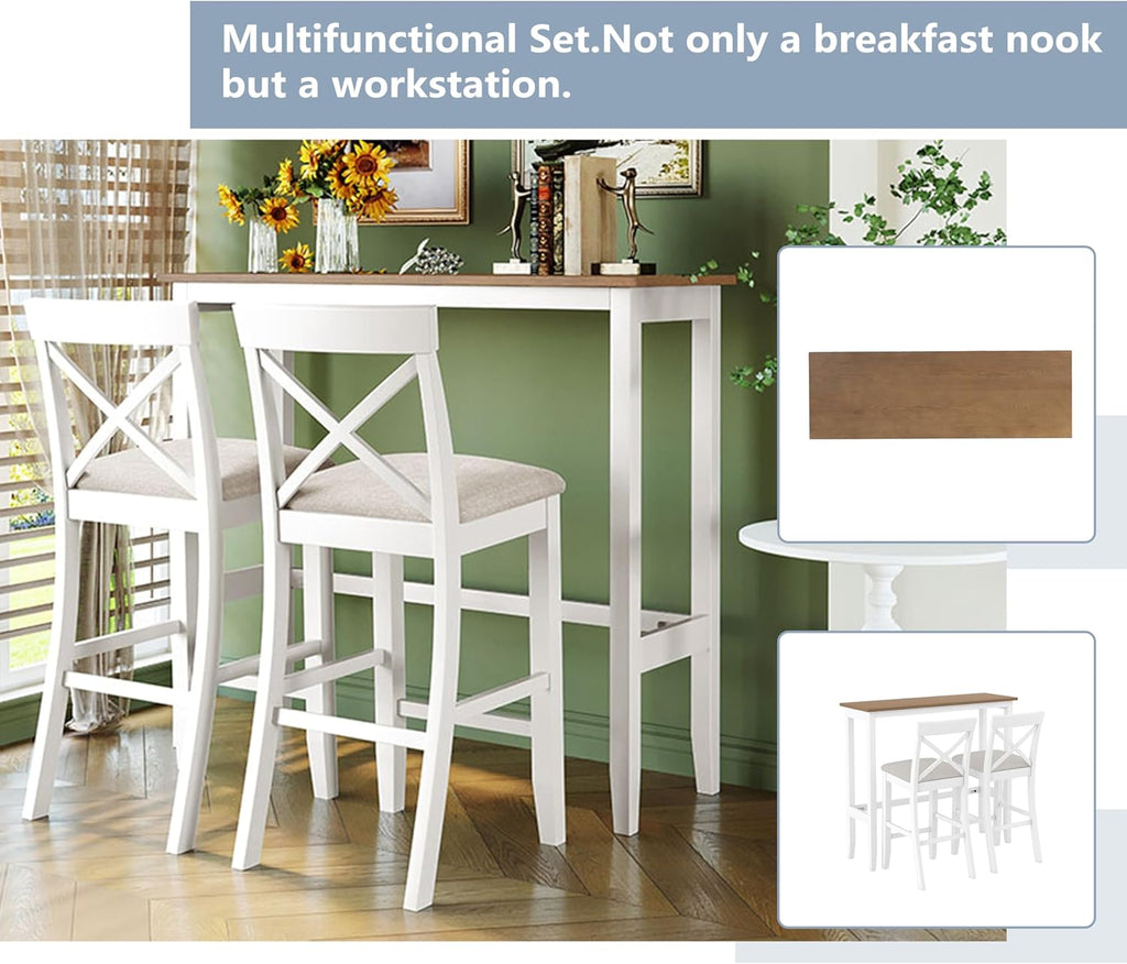 LUMISOL 3 Piece Pub Table and Chair Set, Small Wood Counter Height Bar Table Set for 2, Breakfast Nook Table Set, 3 Piece High Top Dining Table for Kitchen, White + Beige