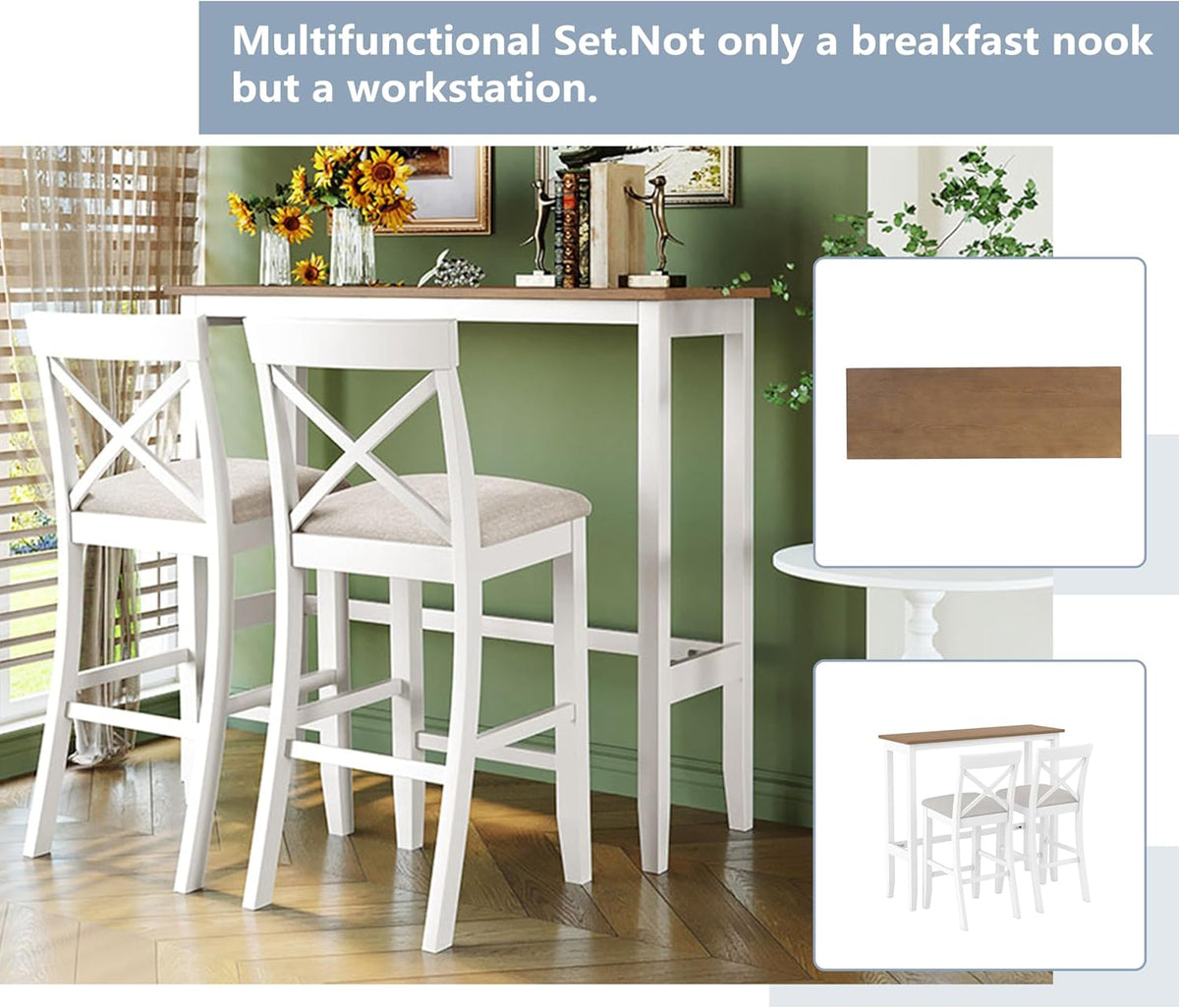 LUMISOL 3 Piece Pub Table and Chair Set, Small Wood Counter Height Bar Table Set for 2, Breakfast Nook Table Set, 3 Piece High Top Dining Table for Kitchen, White + Beige
