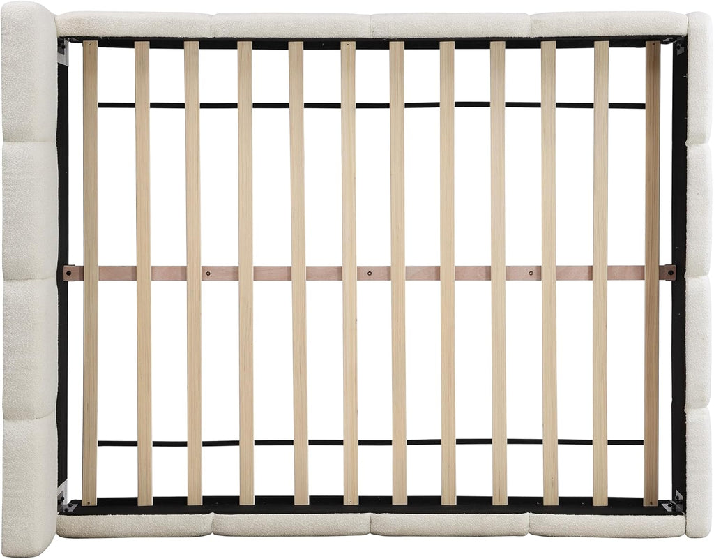 Christopher Knight Home Hazel Queen Size Platform Bed, Boucle Thick Headboard and Footboard, Upholstery Grounded Beds, Block Style, Wood Slat Panel Support, No Spring Box Needed, Easy Assembly, White