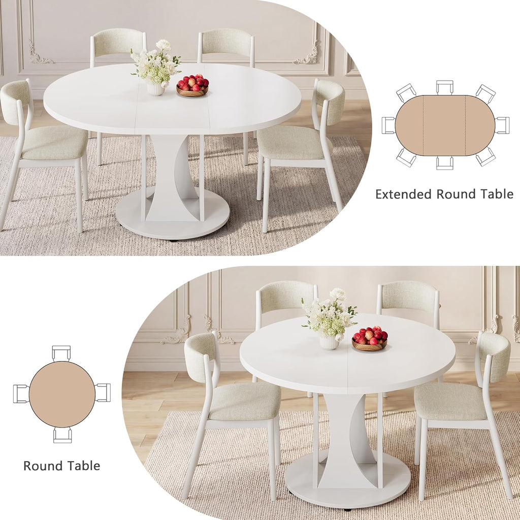 iPormis 43"-59" Extendable Dining Table, Round Kitchen Table with Modern Arcs Pedestal, Oval Dinner Table with Removable Leaves,Hidden Storage, for Kitchen, Dining Room, Living Room, Office, White