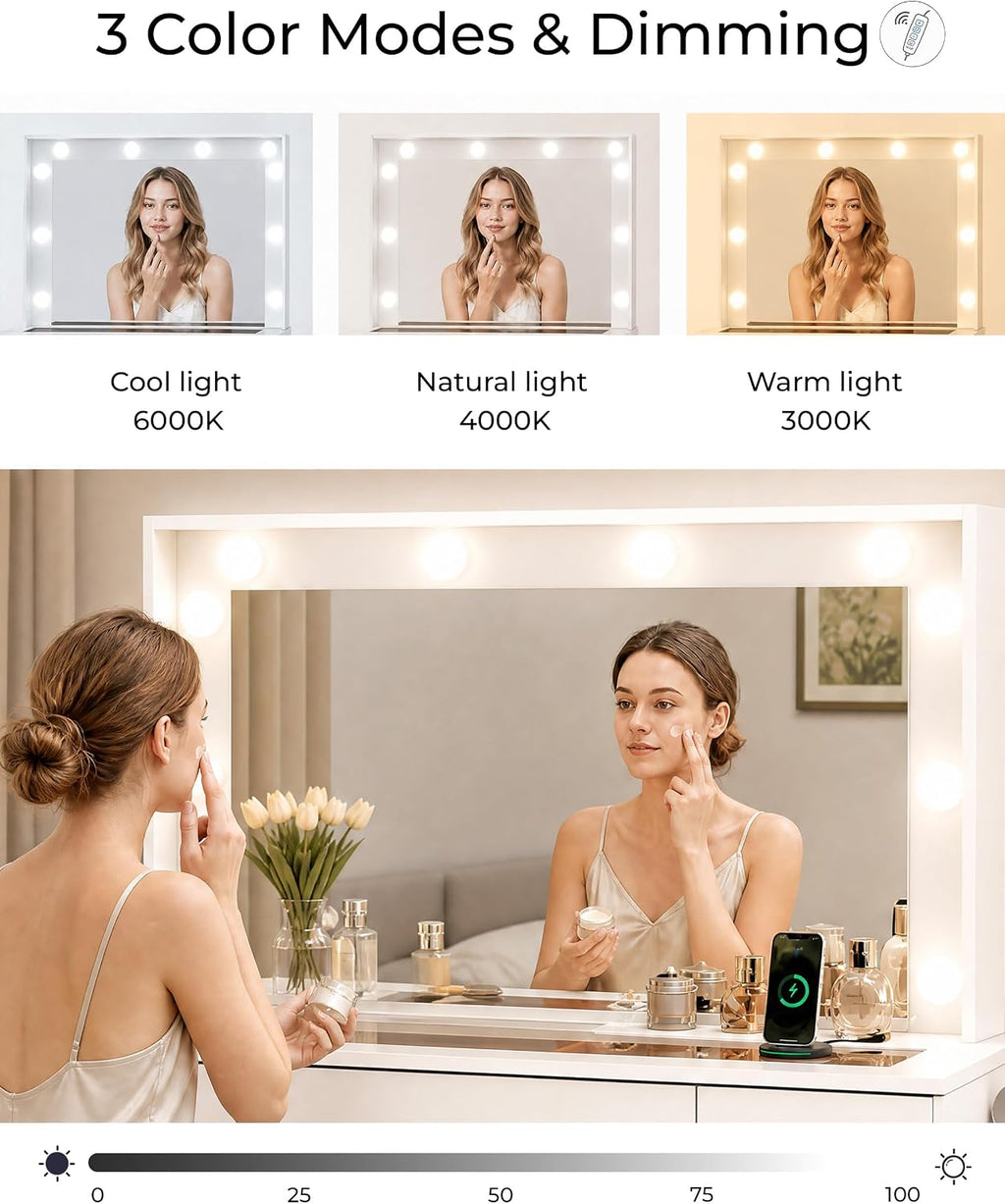 Otterease White Makeup Vanity with Mirror and Lights,11 Drawers & Glass Top | Vanity Desk Table with Charging Station and 10 LED Bulbs, Hair Dryer Holder, for Bedroom