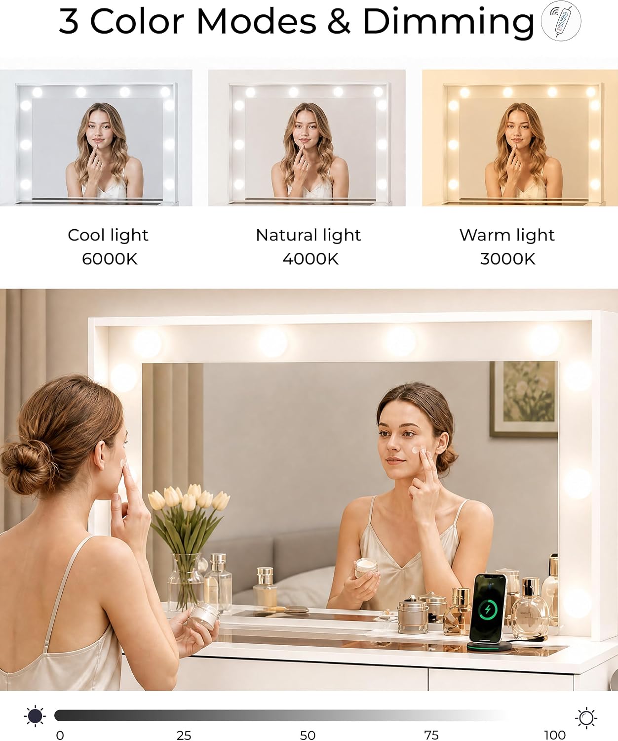 Otterease White Makeup Vanity with Mirror and Lights,11 Drawers & Glass Top | Vanity Desk Table with Charging Station and 10 LED Bulbs, Hair Dryer Holder, for Bedroom