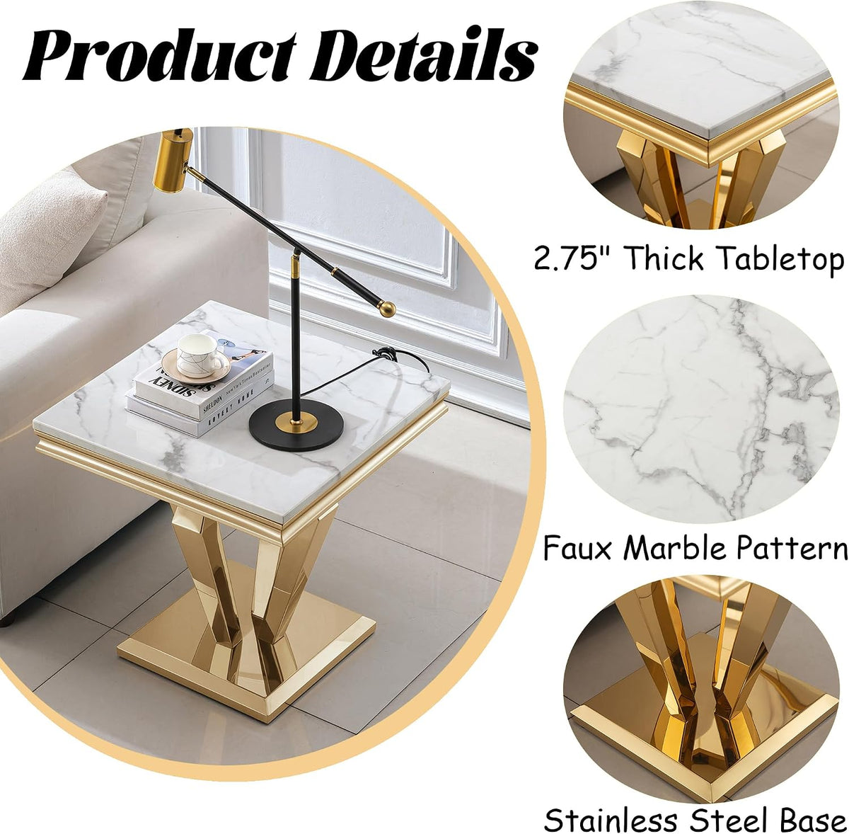 Faux Marble End Table, Modern 23" Square Side Table with Marble Tabletop and Diamond-Shape Stainless Steel Base for Living Room, Bedroom (White,Gold)