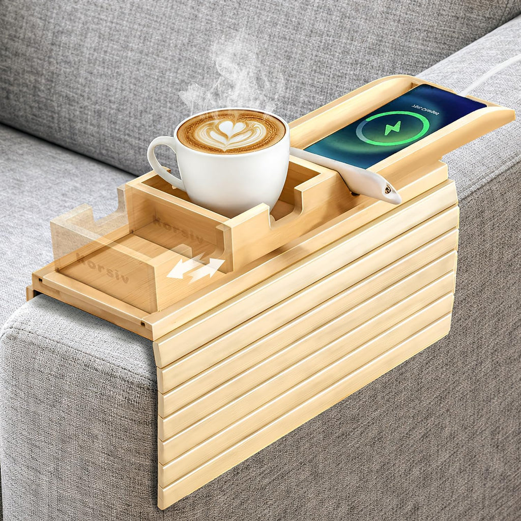 Bamboo Sofa Armrest Tray - Couch Arm Tray with Detachable Couch Cup Holder - 2 in 1 Anti-Slip Foldable Sofa Armchair Caddy Table - Cup Holder for Drinks Cellphone TV Remote Snacks