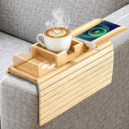 Bamboo Sofa Armrest Tray - Couch Arm Tray with Detachable Couch Cup Holder - 2 in 1 Anti-Slip Foldable Sofa Armchair Caddy Table - Cup Holder for Drinks Cellphone TV Remote Snacks