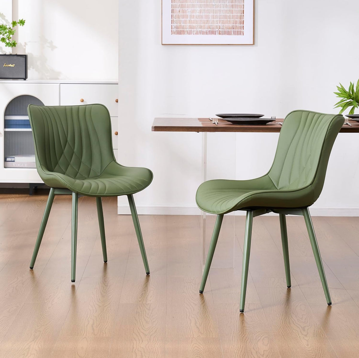 Kidol & Shellder Dining Chairs Set of 2, Mid Century Modern Kitchen Chairs with Metel Legs, PU Leather Upholstered Side Chair for Dining Room, Living Room, Lounge, Restaurant, Bean Green