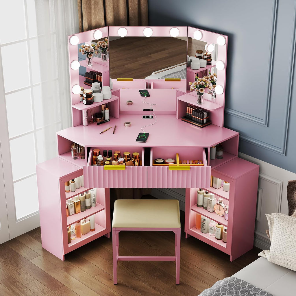 Corner Vanity Desk with LED Mirror, Power Outlet and 3 Light Modes - Pink | SKKTKT Makeup Vanity Set - Storage Drawers, Matching Chair and Corner Design for Bedroom