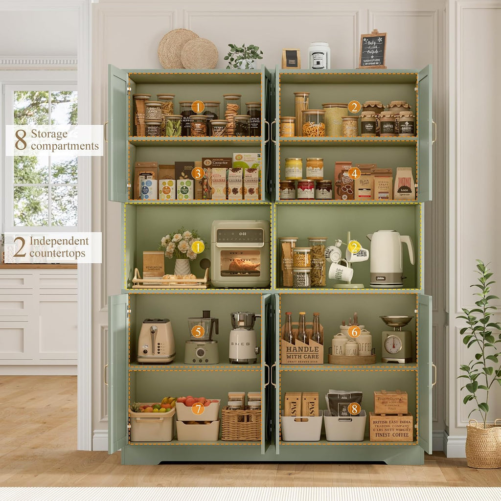 HOSTACK 55" W Pantry Cabinet, 71" Tall Kitchen Hutch Storage Cabinet, Green | Farmhouse Hutch Cabinet with 2 Independant Countertops, 4 Large Storage Cabinets with Shelves / Accent Doors for Dining Room