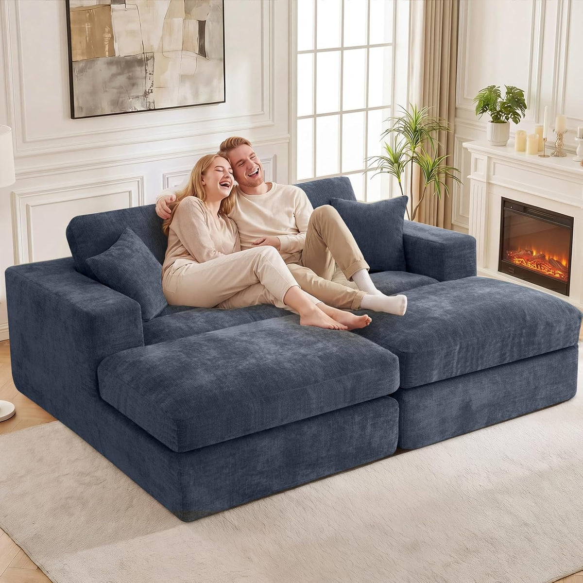 Oversized Double Chaise Lounge Chair, Cloud Sofa Bed, Blue | 59" Deep Seat Couch, Modular Oversized Loveseat, Soft Cloud Sofa, 4 Pillows, 10" Wider Armrests, Chaise Lounge Chair Indoor