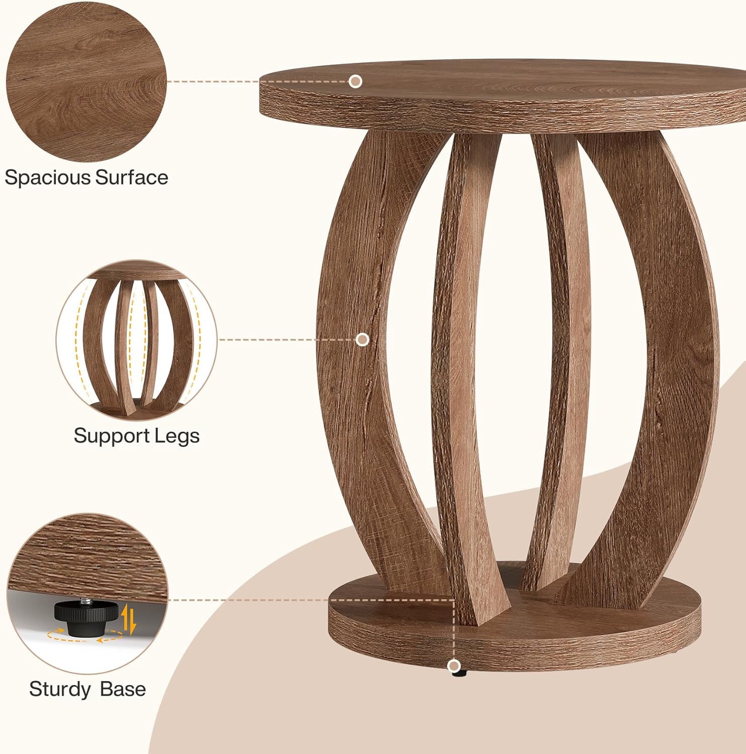 Tribesigns End Table, Round Side Table with Storage, Farmhouse Nightstand Bedside with Round Tabletop, Accent End Table for Living Room Bedroom Small Space, Wooden Accent Furniture, Rustic Brown