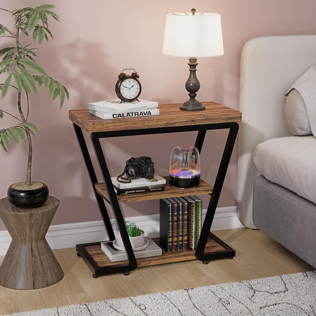 Narrow End Table for Small Spaces, 3-Tier Sofa Side Table with Storage Shelf, Wood and Metal Nightstand for Living Room Bedroom, Rustic Brown