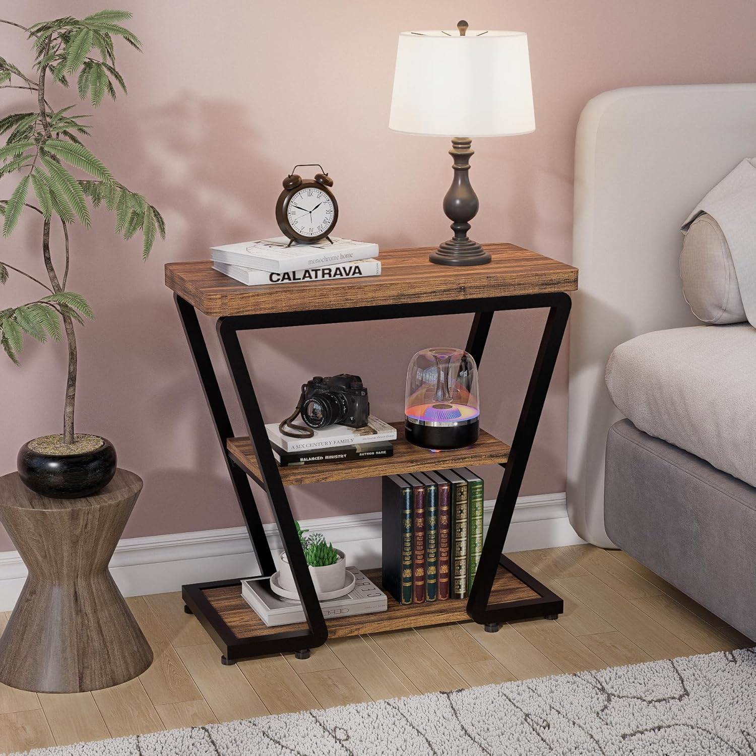 Narrow End Table for Small Spaces, 3-Tier Sofa Side Table with Storage Shelf, Wood and Metal Nightstand for Living Room Bedroom, Rustic Brown