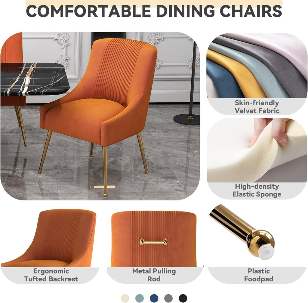 Dining Chairs,Modern Living Room Chairs, Velvet Upholstered Dining Room Chairs with Gold Legs,Tufted Accent Chair Set of 4 for Reception Room Bedroom Study Room(Orange)
