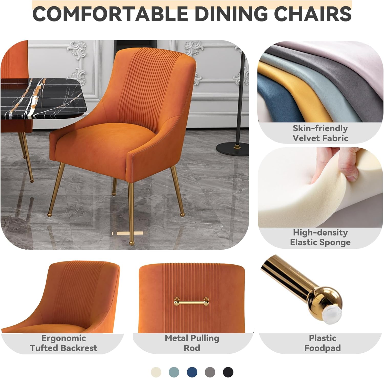 Dining Chairs,Modern Living Room Chairs, Velvet Upholstered Dining Room Chairs with Gold Legs,Tufted Accent Chair Set of 4 for Reception Room Bedroom Study Room(Orange)