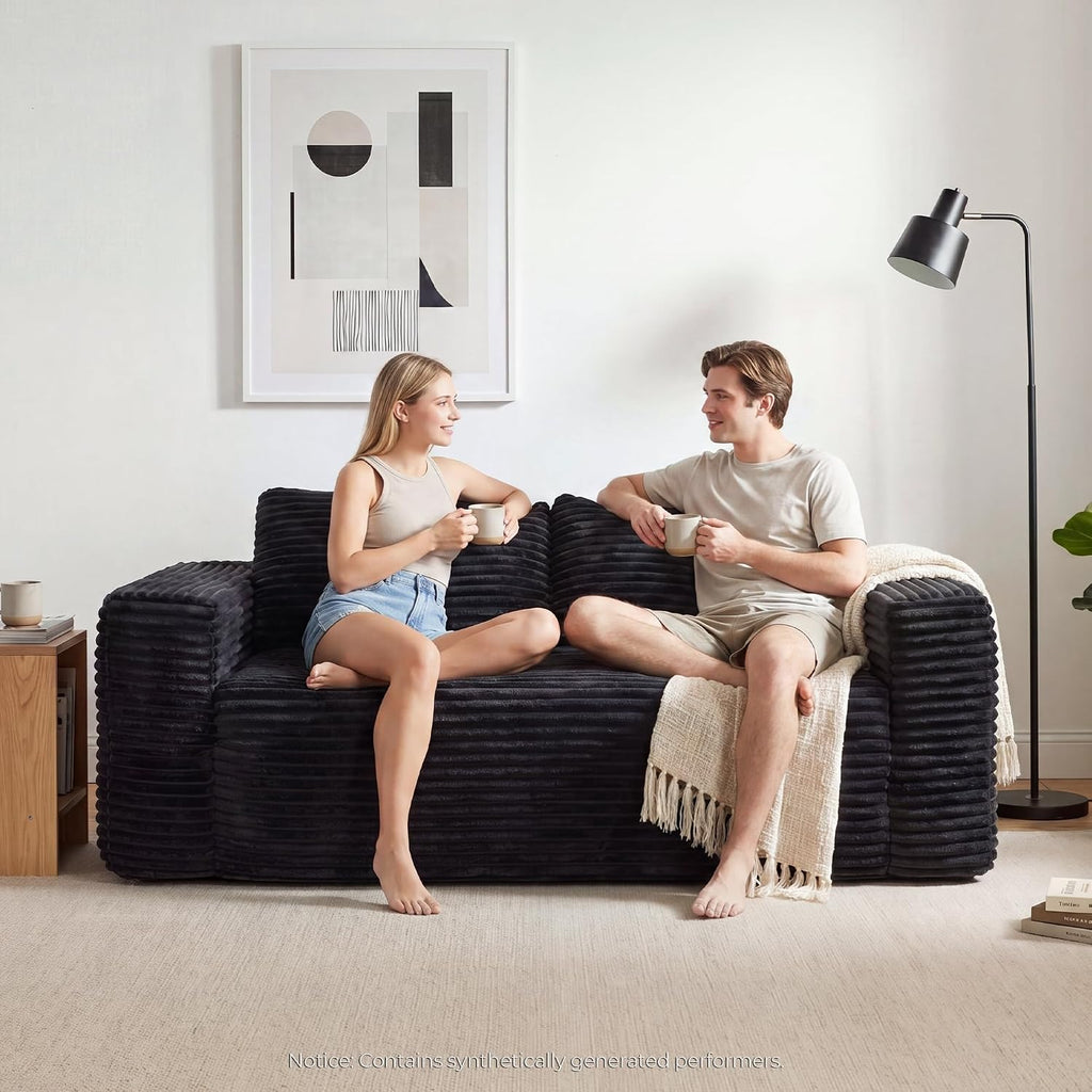 LIKIMIO Liorin Plush 71" Floor Loveseat Sofa Black Corduroy No Assembly | 2 Seater | High-Density Foam | 25.6" Deep Seat | 17.3" High Seat | Sofa in a Box | Ideal for Apartment/Living room
